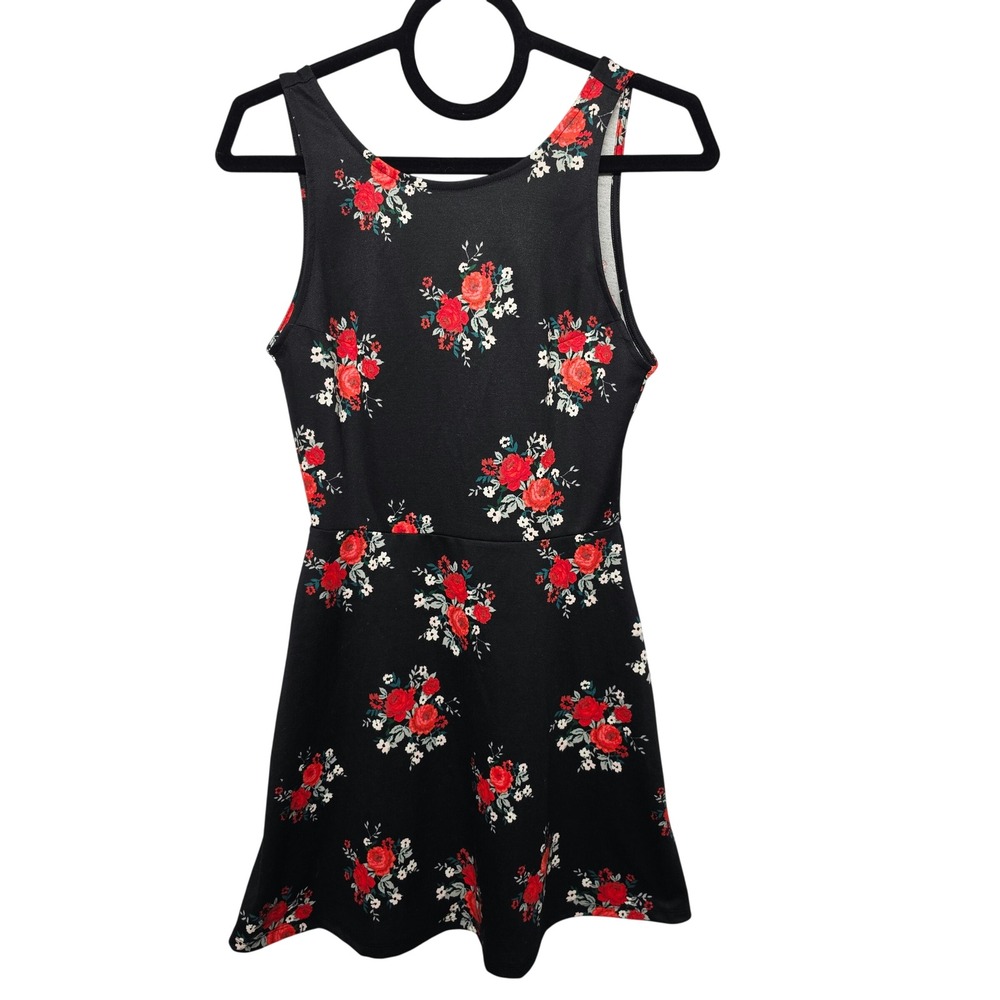 H&M Divided Skater Dress Women Size 6 Black Red Floral Rose Deep V-Back